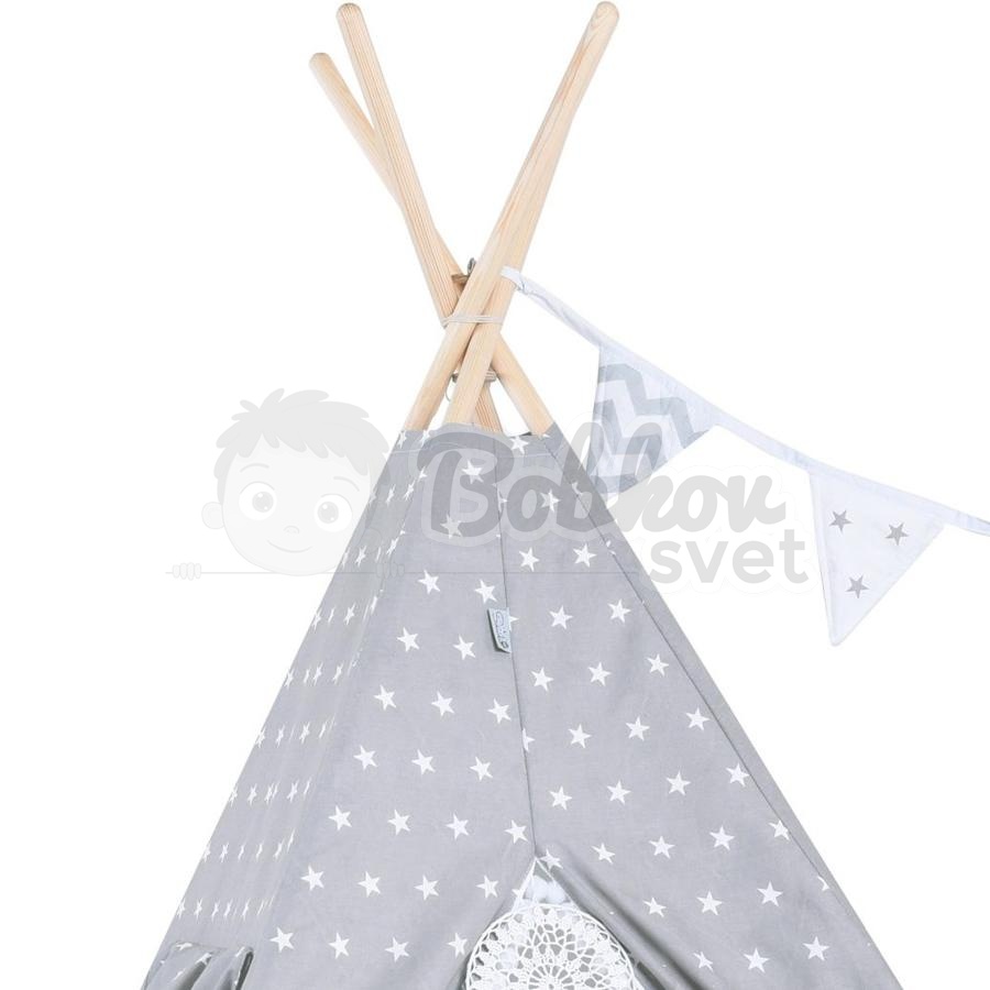 Teepee stan pre deti set s príslušenstvom - sivá a hviezdy s pompoms