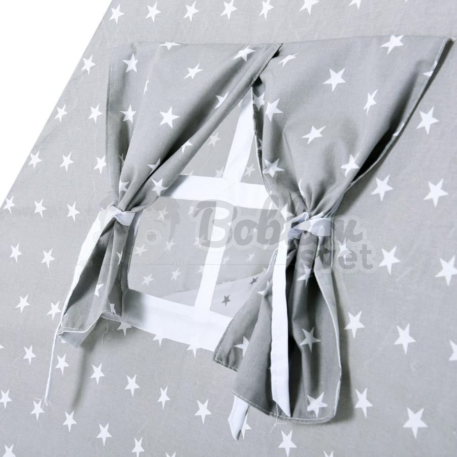 Teepee stan pre deti set s príslušenstvom - sivá a hviezdy s pompoms