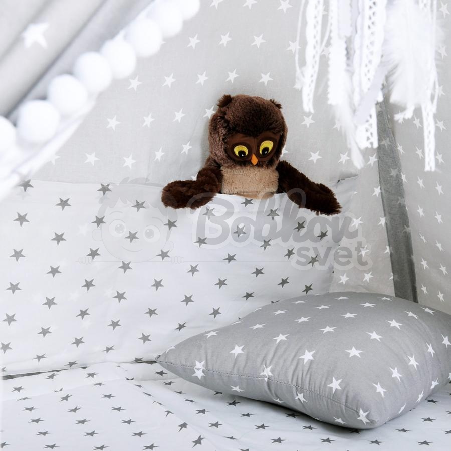 Teepee stan pre deti set s príslušenstvom - sivá a hviezdy s pompoms