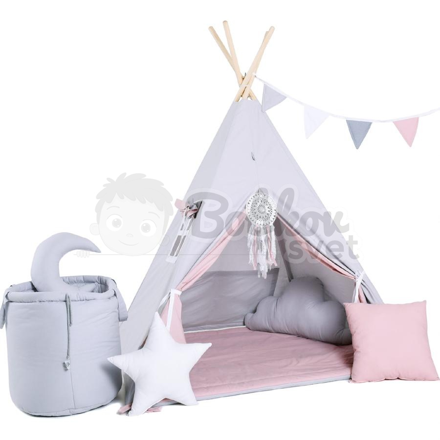 Teepee stan pre deti set s príslušenstvom - sivoružový