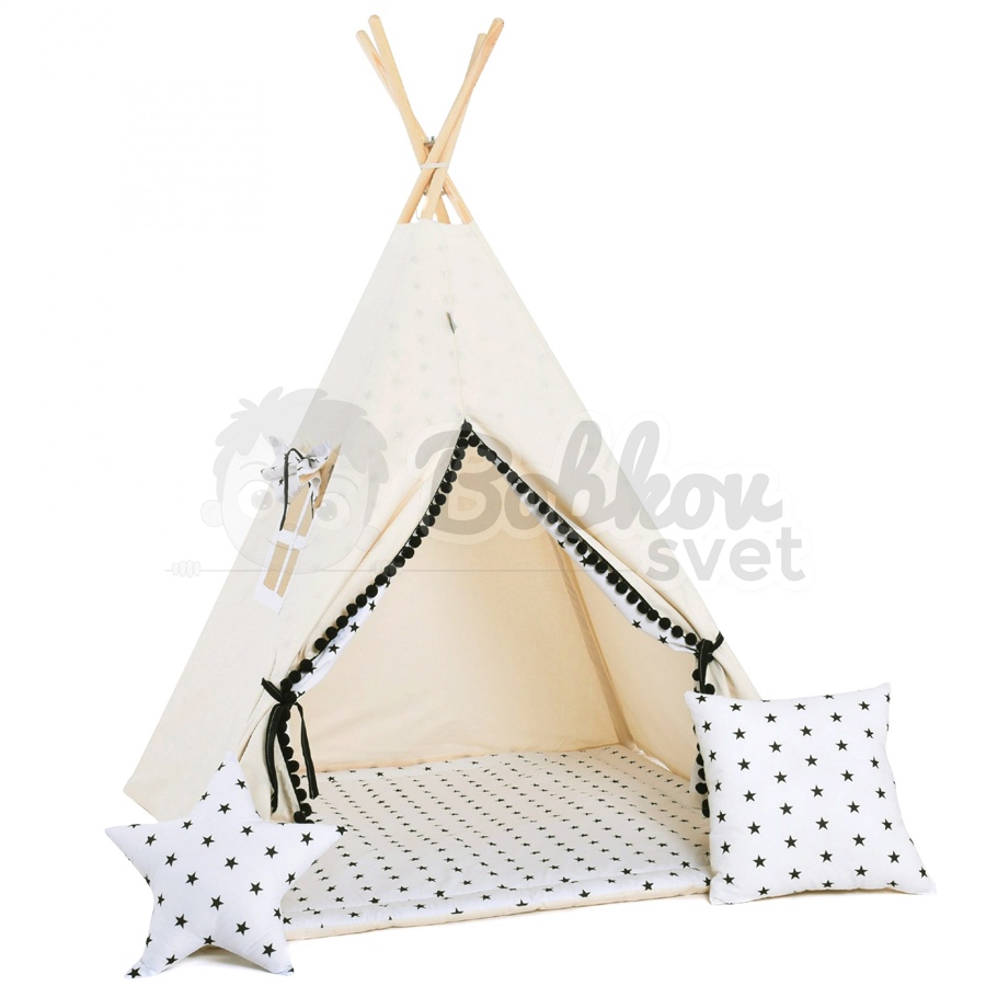 Teepee stan pre deti set s príslušenstvom - čierne guličky s pompoms