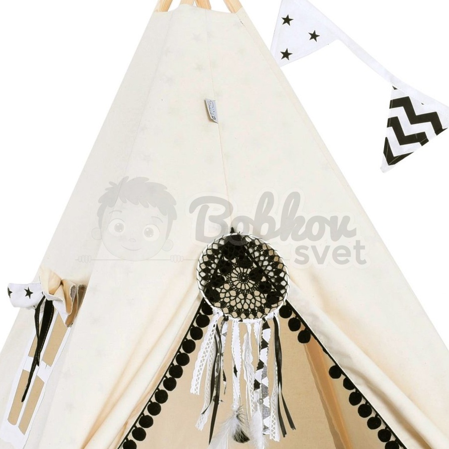 Teepee stan pre deti set s príslušenstvom - čierne guličky s pompoms