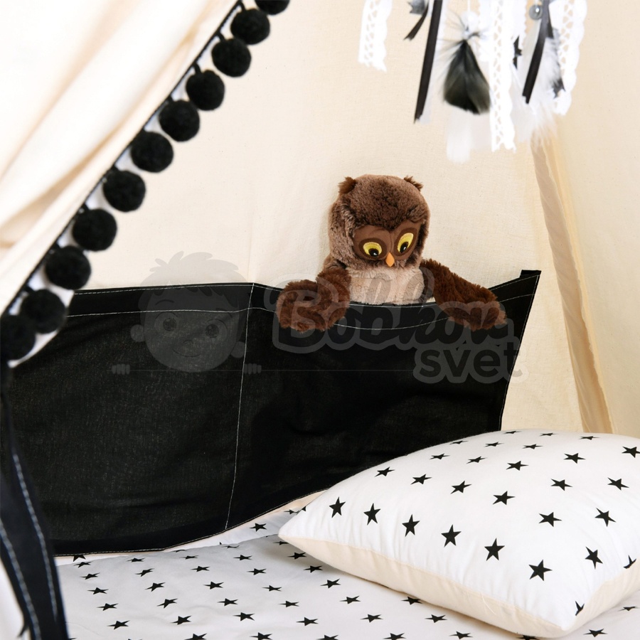 Teepee stan pre deti set s príslušenstvom - čierne guličky s pompoms