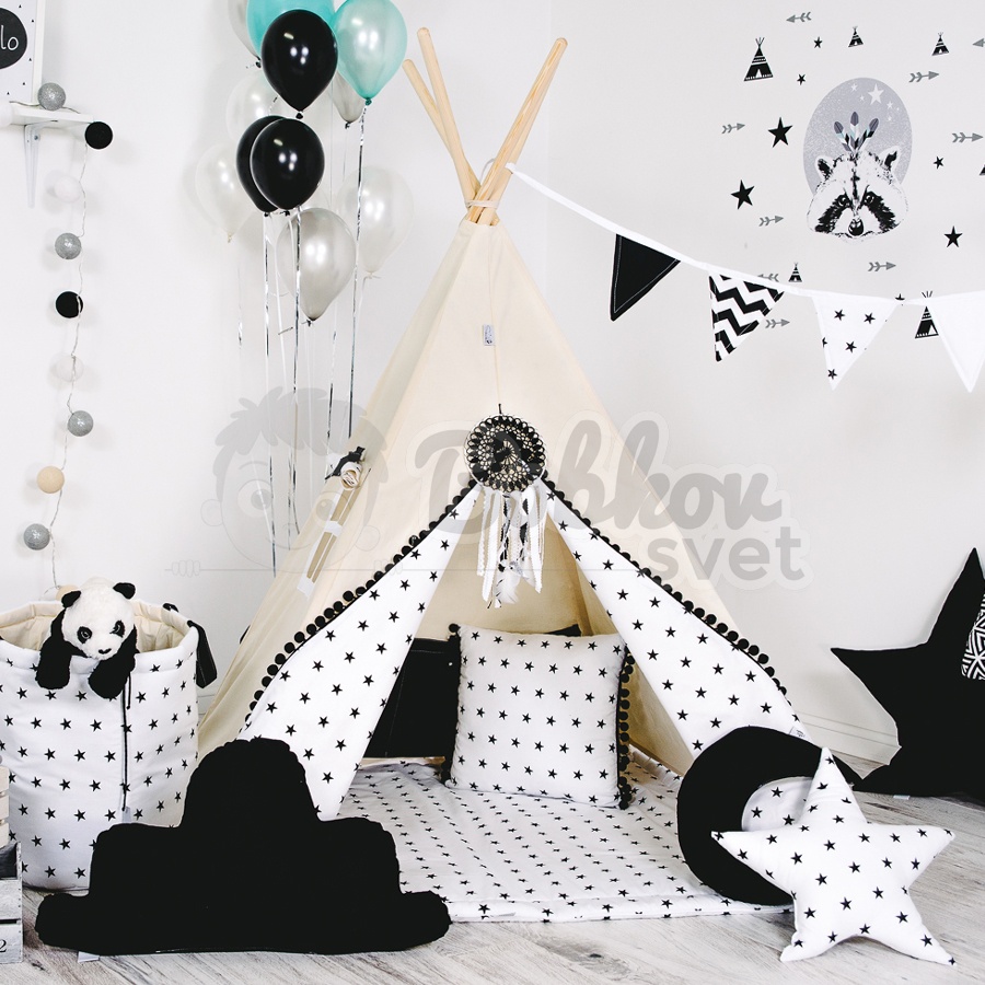 Teepee stan pre deti set s príslušenstvom - čierne guličky s pompoms
