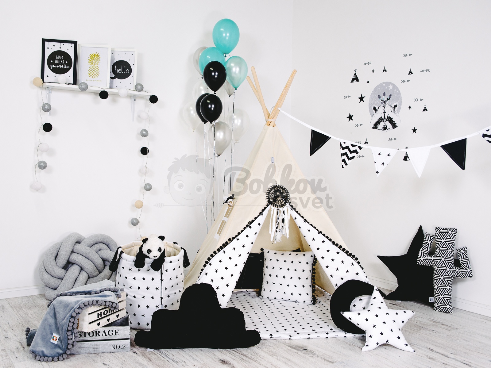 Teepee stan pre deti set s príslušenstvom - čierne guličky s pompoms
