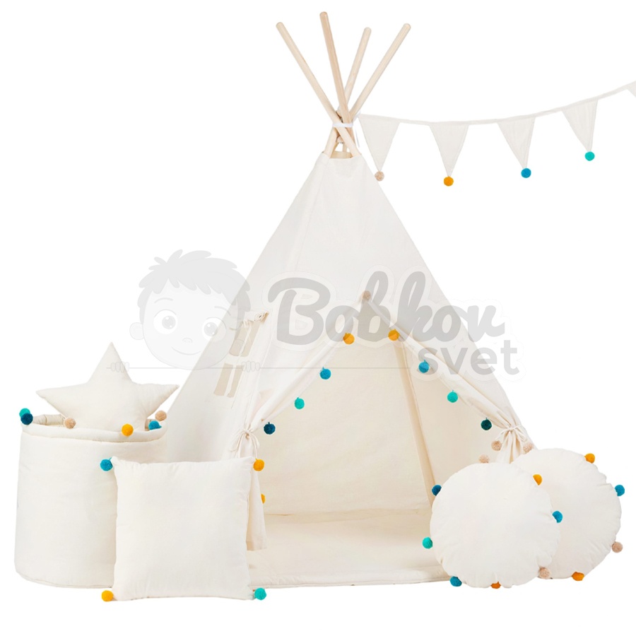 Teepee stan pre deti set s príslušenstvom - Dúhové pompoms