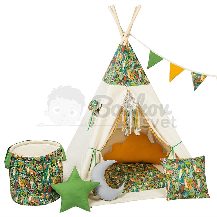 Teepee stan pre deti set s príslušenstvom - džungľa s pompoms