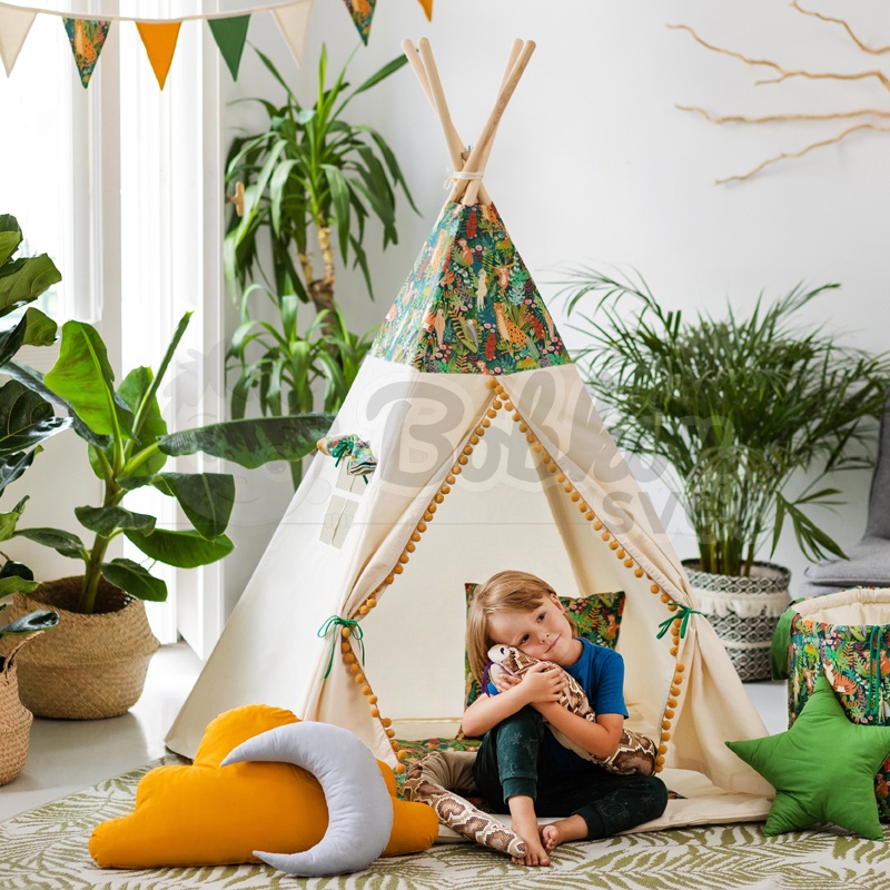 Teepee stan pre deti set s príslušenstvom - džungľa s pompoms