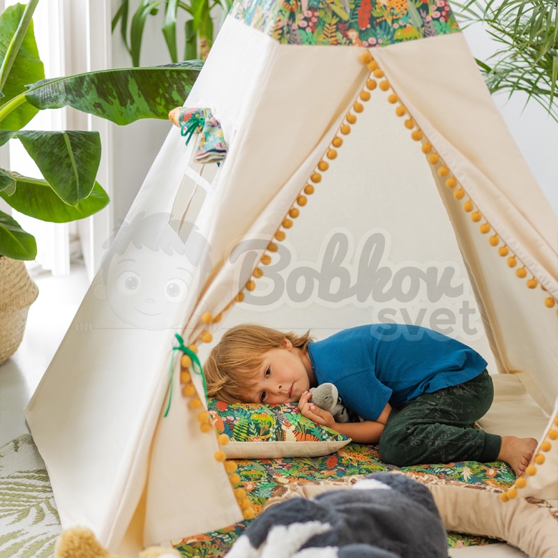 Teepee stan pre deti set s príslušenstvom - džungľa s pompoms