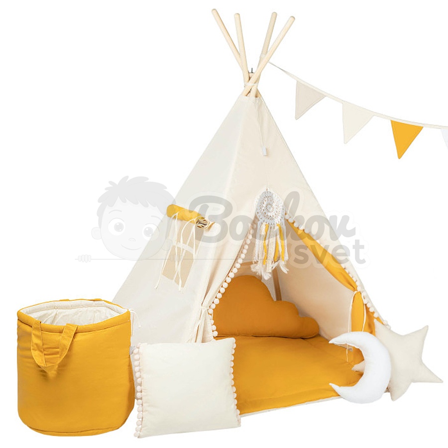 Teepee stan pre deti set s príslušenstvom - krémovo medový s pompoms
