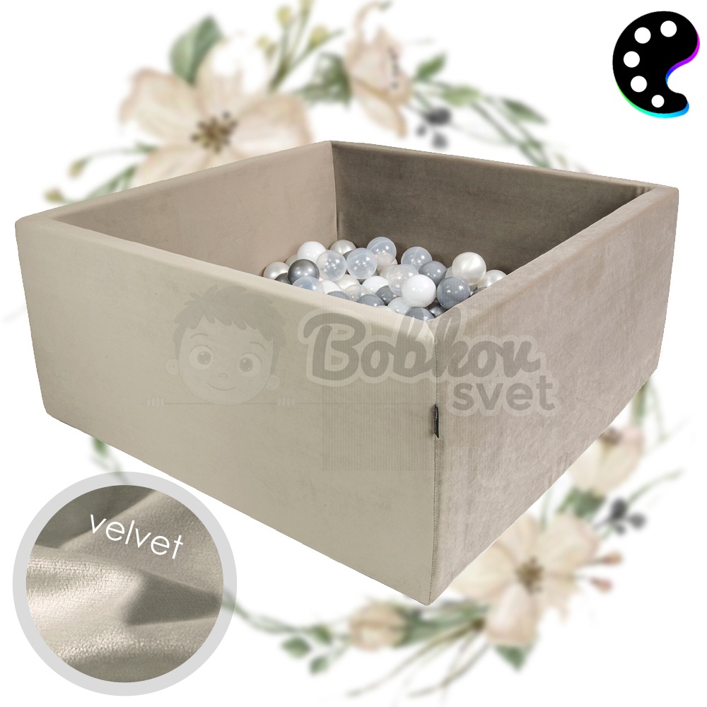 VELVET štvorcový suchý bazénik 90x90 s loptičkami 200 ks - béžový