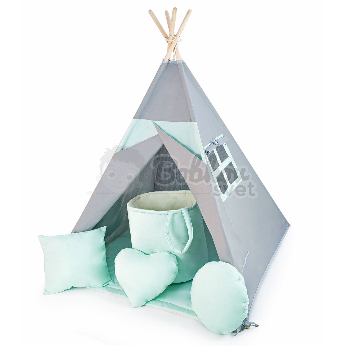 Detský típí stan do izby SET s príslušenstvom - sivá / mint