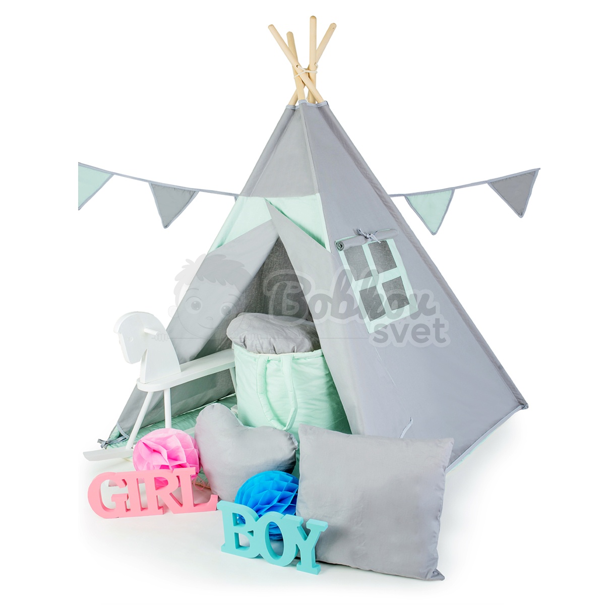 Detský típí stan do izby SET s príslušenstvom - sivá / mint